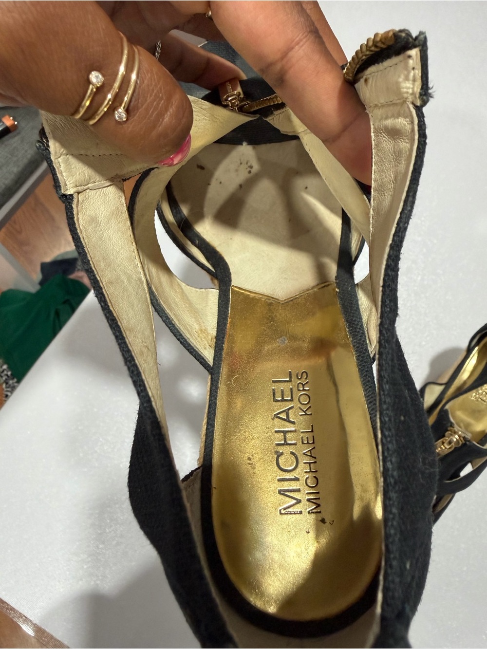 Michael Kors Black Wedge Sandals with Gold Zipper Detail - Picture 7 of 7